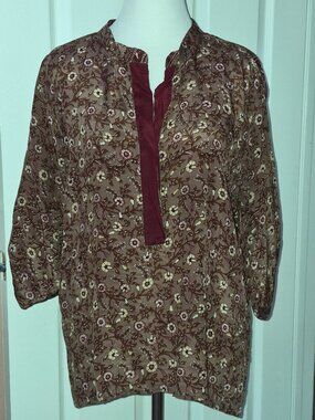 Indie Ella Brown Red Floral Print 100% Silk Blouse Tunic Top M/L